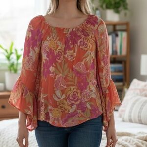 Floral Bell Sleeve Women's Top - Pink and Orange 1X Unique Spectrum